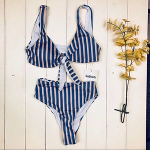 🏖SEABEAUTY👙 Blue, Orange, White Striped Bikini